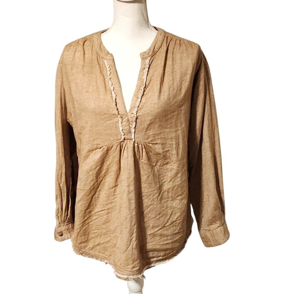 Ivy Jane Boho Popover Top V-Neck Raw Hem & Fringe Beige Cotton Women's Size S/M